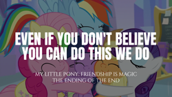 Size: 1920x1080 | Tagged: safe, derpibooru import, edit, edited screencap, editor:quoterific, screencap, applejack, fluttershy, pinkie pie, rainbow dash, rarity, twilight sparkle, twilight sparkle (alicorn), alicorn, pony, the ending of the end, hug, mane six