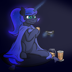 Size: 2000x2000 | Tagged: safe, artist:oldman, derpibooru import, princess luna, alicorn, pony, controller, glowing, glowing horn, horn, sketch, solo