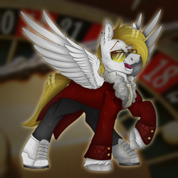 Size: 2300x2300 | Tagged: safe, artist:molars, derpibooru import, oc, oc:golden stakes, pegasus, pony, boots, clothes, coat, open mouth, raised eyebrow, raised leg, shoes, short mane, smiling, smug, solo, spread wings, sunglasses, unshorn fetlocks, wings