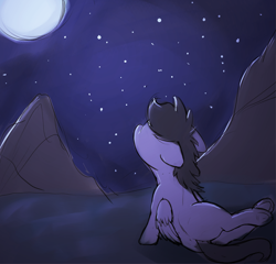 Size: 3173x3048 | Tagged: safe, artist:shaliwolf, derpibooru import, oc, pegasus, ears, floppy ears, folded wings, looking at something, moon, mountain, night, sitting, solo, starry sky, unnamed oc, wings