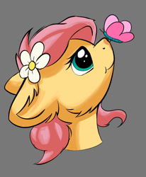 Size: 1024x1241 | Tagged: safe, artist:shaliwolf, derpibooru import, fluttershy, butterfly, pegasus, bust, butterfly on nose, flower, flower in hair, insect on nose, looking at something, portrait, simple background, solo