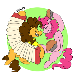 Size: 2000x2000 | Tagged: safe, artist:shiiiny, derpibooru import, cheese sandwich, pinkie pie, earth pony, pony, g4, pinkie pride, accordion, cheesepie, clothes, duo, ears back, female, food, green background, grin, male, musical instrument, partial background, pie, shipping, shirt, simple background, smiling, straight, transparent background