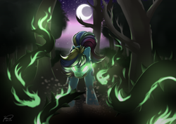 Size: 4093x2894 | Tagged: safe, artist:julunis14, derpibooru import, oc, oc only, earth pony, pony, commission, crescent moon, dark magic, earth pony oc, female, forest, glowing, glowing eyes, high res, magic, mare, moon, night, night sky, signature, sky, solo, stars, thorn, vine, walking