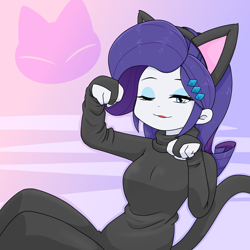 Size: 2000x2000 | Tagged: safe, alternate version, artist:batipin, derpibooru import, rarity, cat, equestria girls, animal costume, clothes, costume, one eye closed, open mouth