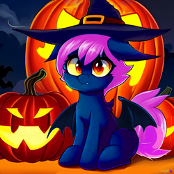 Size: 2048x2048 | Tagged: safe, artist:windvile, derpibooru import, generator:purplesmart.ai, generator:stable diffusion, machine learning generated, oc, oc:windvile, bat pony, fangs, female, halloween, hat, holiday, jack-o-lantern, night, pumpkin, sitting, solo, witch hat