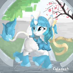 Size: 1000x1000 | Tagged: safe, artist:celedash, derpibooru import, kirin, pony, chinese, flower, garden, smiling, sunny day, 灵樨