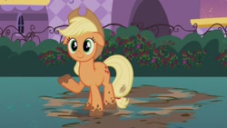 Size: 1920x1080 | Tagged: safe, derpibooru import, screencap, applejack, earth pony, pony, season 2, sweet and elite, 1080p, applejack's hat, clothes, cowboy hat, cute, ears, female, floppy ears, happy, hat, jackabetes, looking at you, mare, mud, muddy, smiling, solo