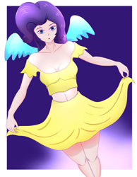 Size: 3089x3989 | Tagged: safe, artist:film77asq, derpibooru import, rarity, human, breasts, cleavage, clothes, fake wings, female, humanized, midriff, skirt, solo