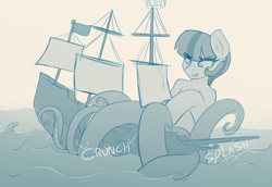 Size: 3999x2748 | Tagged: safe, artist:czu, derpibooru import, oc, oc only, oc:lemon drop, monster pony, octopony, octopus, original species, pony, boat, horizontal pupils, macro, monochrome, onomatopoeia, ship, sketch, tentacles