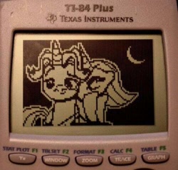 Size: 500x478 | Tagged: safe, artist:herrlupfa, derpibooru import, fancypants, fleur-de-lis, unicorn, sweet and elite, calculator, clothes, fancyfleur, female, graphing calculator, irl, male, mare, moon, night, photo, pixel art, reddit, shipping, stallion, straight, texas instruments