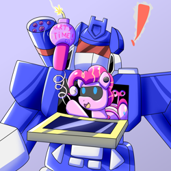 Size: 2000x2000 | Tagged: safe, artist:trackheadtherobopony, derpibooru import, pinkie pie, pony, robot, robot pony, bomb, crossover, exclamation point, pinkie bot, roboticization, soundwave, surprised, transformers, weapon