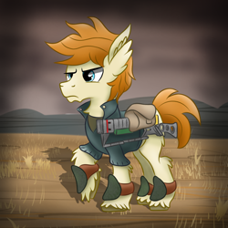 Size: 1000x1000 | Tagged: safe, artist:pizzamovies, derpibooru import, oc, oc only, oc:pizzamovies, earth pony, pony, fallout equestria, armor, bag, chest fluff, clothes, ear fluff, ears, laser rifle, male, saddle bag, solo, stallion, unshorn fetlocks, wasteland