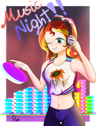 Size: 2506x3278 | Tagged: safe, artist:film77asq, derpibooru import, sunset shimmer, human, clothes, female, humanized, midriff, music, shirt, solo