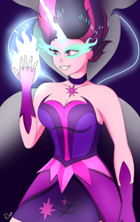 Size: 2500x3958 | Tagged: safe, alternate version, artist:film77asq, derpibooru import, midnight sparkle, sci-twi, twilight sparkle, human, equestria girls, female, glowing hands, grin, magic, smiling, solo