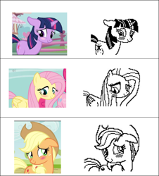 Size: 640x709 | Tagged: safe, artist:herrlupfa, derpibooru import, applejack, fluttershy, pinkie pie, twilight sparkle, unicorn twilight, earth pony, pegasus, unicorn, boast busters, suited for success, the last roundup, blushing, ears, female, floppy ears, mare, pixel art, reddit, screencap reference, trio focus