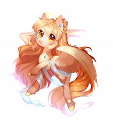 Size: 2373x2663 | Tagged: safe, artist:dreamsugar, derpibooru import, oc, oc only, oc:dreamsugar, pegasus, pony, beige coat, blonde, blonde mane, blonde tail, chest fluff, colored hooves, colored wings, commission, female, flying, full body, golden eyes, halo, jewelry, looking at you, mare, monocle, open mouth, open smile, pegasus oc, simple background, smiling, smiling at you, solo, spread wings, starry eyes, tail, two toned wings, unshorn fetlocks, white background, wingding eyes, wings