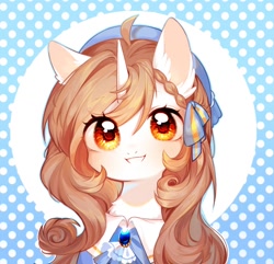 Size: 800x771 | Tagged: safe, artist:dreamsugar, derpibooru import, oc, oc only, pony, unicorn, ahoge, brown mane, chest fluff, clothes, ear fluff, ears, eye clipping through hair, female, golden eyes, hair ribbon, happy, horn, looking at you, mare, polka dot background, ribbon, smiling, smiling at you, solo, unicorn oc, white coat