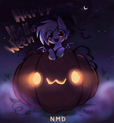 Size: 1487x1600 | Tagged: safe, artist:nevermind studio, derpibooru import, oc, oc only, bat, bat pony, candy, clothes, costume, cute, food, halloween, halloween costume, happy, hat, holiday, jack-o-lantern, moon, night, pumpkin, solo, witch hat