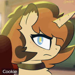 Size: 560x560 | Tagged: safe, artist:llametsul, derpibooru import, oc, oc:creme cookie, pony, unicorn, animated, blushing, chair, colored pupils, cute, female, gif, mare, office chair, signature, solo