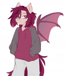 Size: 1606x1886 | Tagged: safe, artist:crimmharmony, derpibooru import, oc, oc only, oc:crimm harmony, anthro, bat pony, anthro oc, bat pony oc, clothes, female, hoodie, looking at you, mare, pants, simple background, solo, white background