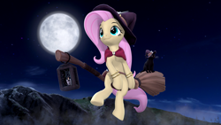 Size: 3840x2160 | Tagged: safe, artist:owlpirate, derpibooru import, fluttershy, cat, pegasus, pony, 3d, 4k, black cat, bracelet, broom, clothes, costume, female, flying, flying broomstick, full moon, halloween, halloween costume, hat, high res, jewelry, lantern, mare, moon, riding, smiling, solo, source filmmaker, witch costume, witch hat