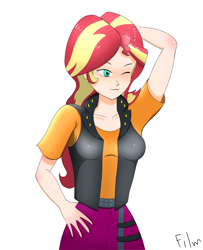 Size: 2845x3507 | Tagged: safe, artist:film77asq, derpibooru import, sunset shimmer, equestria girls, arm behind head, female, human coloration, simple background, solo, white background