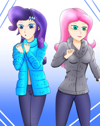 Size: 2000x2531 | Tagged: safe, artist:film77asq, derpibooru import, fluttershy, rarity, human, clothes, duo, female, humanized, jacket