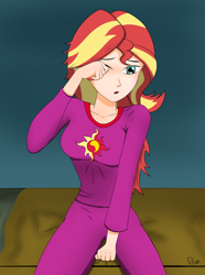 Size: 2200x2955 | Tagged: safe, artist:film77asq, derpibooru import, sunset shimmer, equestria girls, clothes, female, human coloration, pajamas, solo