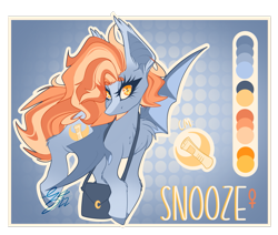 Size: 1537x1305 | Tagged: safe, artist:ezzerie, derpibooru import, oc, oc:snooze, bat pony, bag, fluffy, newspaper girl, redesign, reference sheet, solo