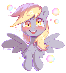 Size: 1501x1636 | Tagged: safe, artist:cherrnichka, derpibooru import, derpy hooves, pegasus, blushing, bubble, cute, derpabetes, looking at you, simple background, smiling, solo, white background