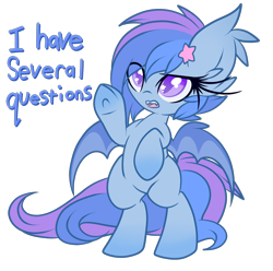 Size: 2400x2379 | Tagged: safe, artist:starlightlore, derpibooru import, oc, oc only, oc:astral flare, bat pony, pony, bat pony oc, bipedal, cute, i have several questions, jontron, ocbetes, question, question mark, simple background, solo, speech, starry eyes, talking, transparent background, underhoof, wingding eyes