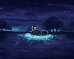 Size: 1280x1024 | Tagged: safe, artist:clouris, derpibooru import, oc, oc only, pony, glowing, glowing eyes, lake, night, outdoors, solo, stars, tree, water