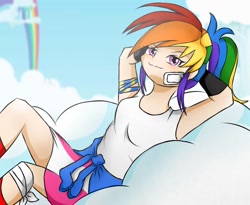 Size: 1210x991 | Tagged: safe, artist:milkshakecatowo789, derpibooru import, rainbow dash, human, clothes, cloud, female, humanized, rainbow waterfall, solo