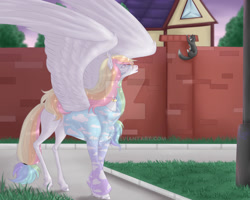 Size: 1280x1024 | Tagged: safe, artist:clouris, derpibooru import, oc, oc only, pegasus, pony, building, clothes, deviantart watermark, obtrusive watermark, outdoors, pegasus oc, solo, watermark, wings