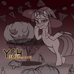 Size: 4500x4500 | Tagged: safe, artist:emperor-anri, derpibooru import, oc, oc only, pony, unicorn, bipedal, commission, grin, halloween, hat, holiday, hoof hold, horn, jack-o-lantern, knife, pumpkin, smiling, smirk, unicorn oc, witch hat, your character here