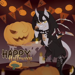 Size: 1920x1920 | Tagged: safe, artist:emperor-anri, derpibooru import, oc, oc only, pony, candle, choker, commission, halloween, holiday, jack-o-lantern, knife, pumpkin, smiling, smirk, solo, spiked choker, ych result