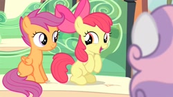 Size: 1920x1080 | Tagged: safe, derpibooru import, screencap, apple bloom, scootaloo, sweetie belle, earth pony, pegasus, pony, unicorn, for whom the sweetie belle toils, season 4, 1080p, adorabloom, cute, cutealoo, cutie mark crusaders, female, filly, foal, friendship express, locomotive, looking at each other, looking at someone, open mouth, steam locomotive, train, trio