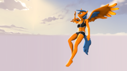 Size: 1280x720 | Tagged: safe, artist:aidenrin, derpibooru import, oc, oc:shallow speed, alicorn, anthro, 3d, alicorn oc, clothes, flying, gym shorts, horn, sky, solo, sports bra, spread wings, wings, workout outfit