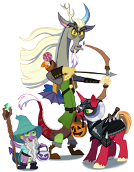 Size: 1880x2412 | Tagged: safe, artist:spring_spring, derpibooru import, big macintosh, discord, spike, draconequus, dragon, unicorn, armor, arrow, bag, bow (weapon), bow and arrow, bucket, candy, candy bag, captain wuzz, clothes, commissioner:zcord, costume, dungeons and dragons, food, garbuncle, halloween, halloween costume, holiday, implied rarity, ogres and oubliettes, pumpkin bucket, race swap, show accurate, simple background, sir mcbiggen, staff, story included, sword, transparent background, unicorn big mac, weapon