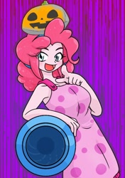 Size: 440x626 | Tagged: safe, alternate version, artist:batipin, derpibooru import, boulder (pet), pinkie pie, equestria girls, breasts, open mouth, party cannon, rock