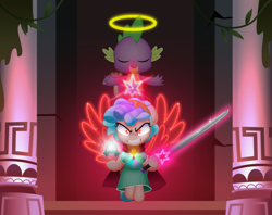 Size: 800x633 | Tagged: safe, artist:jhayarr23, derpibooru import, cozy glow, spike, dragon, pegasus, bell, clothes, dress, grogar's bell