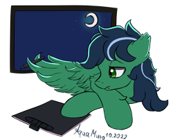 Size: 2485x2008 | Tagged: safe, artist:aquamuro, derpibooru import, oc, oc only, hybrid, pegabat, pony, annoyed, crescent moon, ear fluff, ears, fangs, fluffy, half bat pony, male, moon, night, procrastination, signature, simple background, sketch, stallion, stars, stylus, tablet, transparent background, window, wing hold, wings