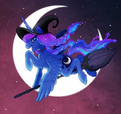 Size: 3600x3392 | Tagged: safe, artist:opalacorn, derpibooru import, princess luna, alicorn, pony, alternate hairstyle, braid, broom, choker, crescent moon, female, flying, flying broomstick, halloween, hat, holiday, mare, moon, night, solo, witch hat