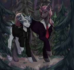 Size: 1900x1800 | Tagged: safe, artist:pryanech, derpibooru import, oc, oc only, pony, unicorn, art, bandage, clothes, commission, doubles art, forest, full body, hoodie, necktie, suit