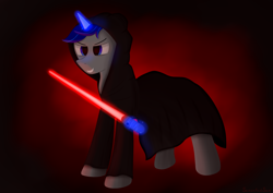 Size: 3508x2480 | Tagged: safe, artist:samenandsam, derpibooru import, oc, oc only, oc:sound shiver, pony, unicorn, clothes, dark jedi, evil grin, eyebrows, glowing, glowing horn, grin, high res, horn, knights of ren, lightsaber, magic, magic aura, male, simple background, sith, smiling, solo, stallion, star wars, telekinesis, unicorn oc, weapon