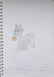 Size: 1419x2000 | Tagged: safe, artist:pink amena, derpibooru import, lyra heartstrings, pony, unicorn, bag, clothes, colored pencil drawing, costume, mlp fim's twelfth anniversary, mouth hold, mummy, nightmare night, nightmare night costume, partial color, pencil drawing, solo, traditional art