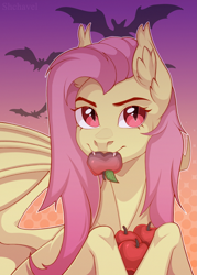 Size: 2857x4000 | Tagged: safe, artist:shchavel, derpibooru import, fluttershy, bat pony, pony, apple, bat ponified, bust, flutterbat, food, mlp fim's twelfth anniversary, mouth hold, portrait, race swap, solo