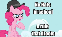 Size: 612x364 | Tagged: safe, derpibooru import, edit, edited screencap, screencap, pinkie pie, earth pony, pony, season 3, too many pinkie pies, bowler hat, caption, female, hat, hooves, image macro, mare, meme, pointing, pointing at self, rhyme, solo, text, uploader:slickblade, upset