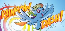 Size: 1334x653 | Tagged: safe, artist:tonyfleecs, derpibooru import, idw, rainbow dash, pegasus, pony, friends forever, g4, spoiler:comic, dialogue, female, flying, mare, solo, sonic rainboom