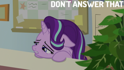 Size: 1280x720 | Tagged: safe, derpibooru import, edit, edited screencap, editor:quoterific, screencap, phyllis, starlight glimmer, pony, unicorn, a horse shoe-in, ears, floppy ears, philodendron, plant, potted plant, sad, starlight's office
